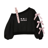 Off Shoulder Cropped Ribbon Sweatshirt & Tiered Fluff Ball Skirt